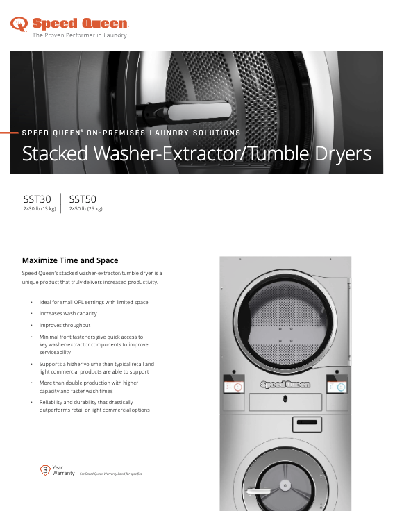 Stacked WasherExtractor/Tumble Dryers Speed Queen® Commercial